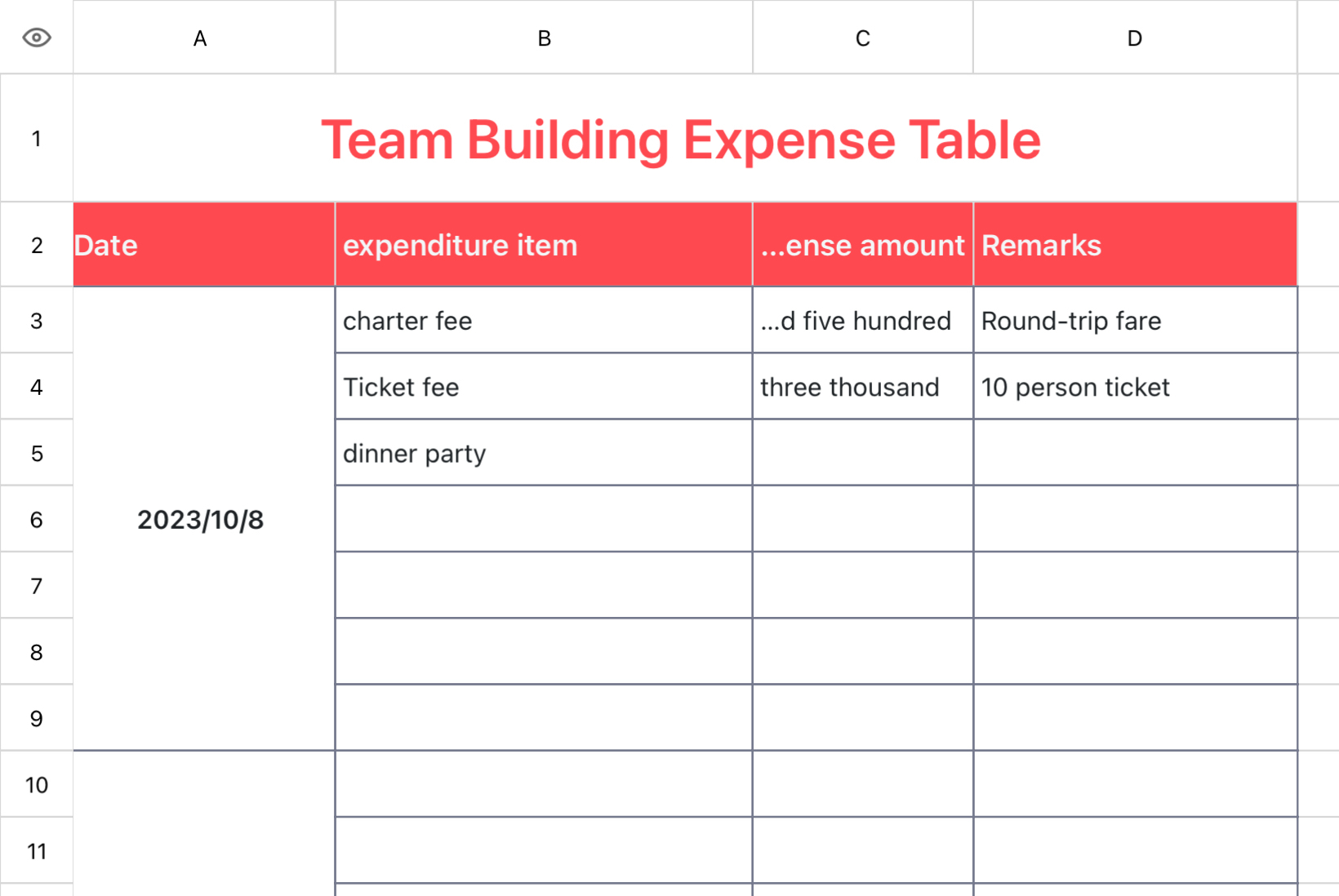 Team Building Expense Table